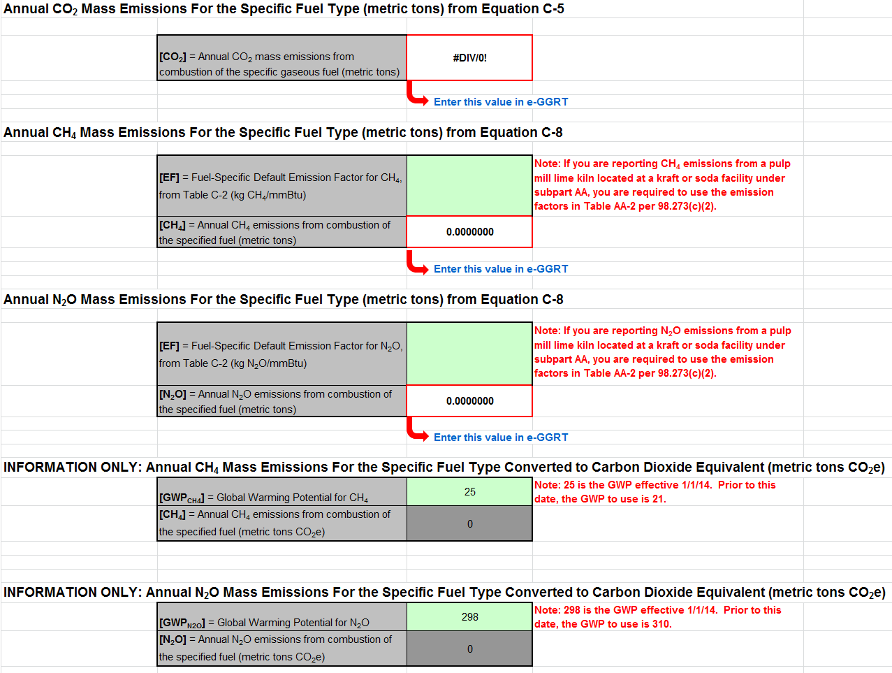 C-5, C-8 Calculation Spreadsheet of CO2, CH4, and N2O Data Entries into the Green Cells